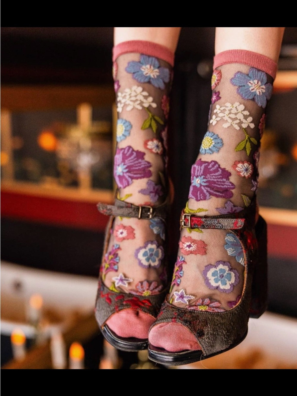 Sock Candy Dark Florals Black Sheer Crew Sock. Price firm.